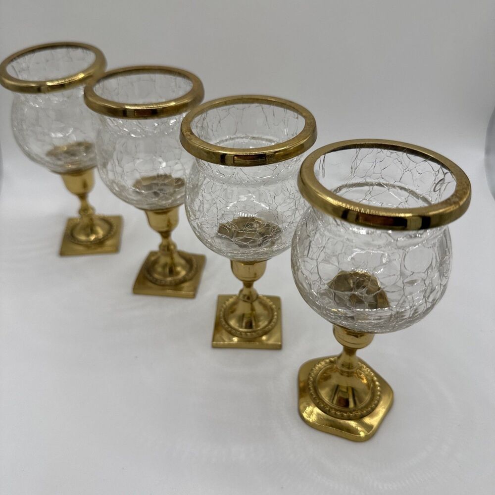 Vintage Mid-Century Gold Brass & Crackle Glass Votive Candle Holder Set of 4